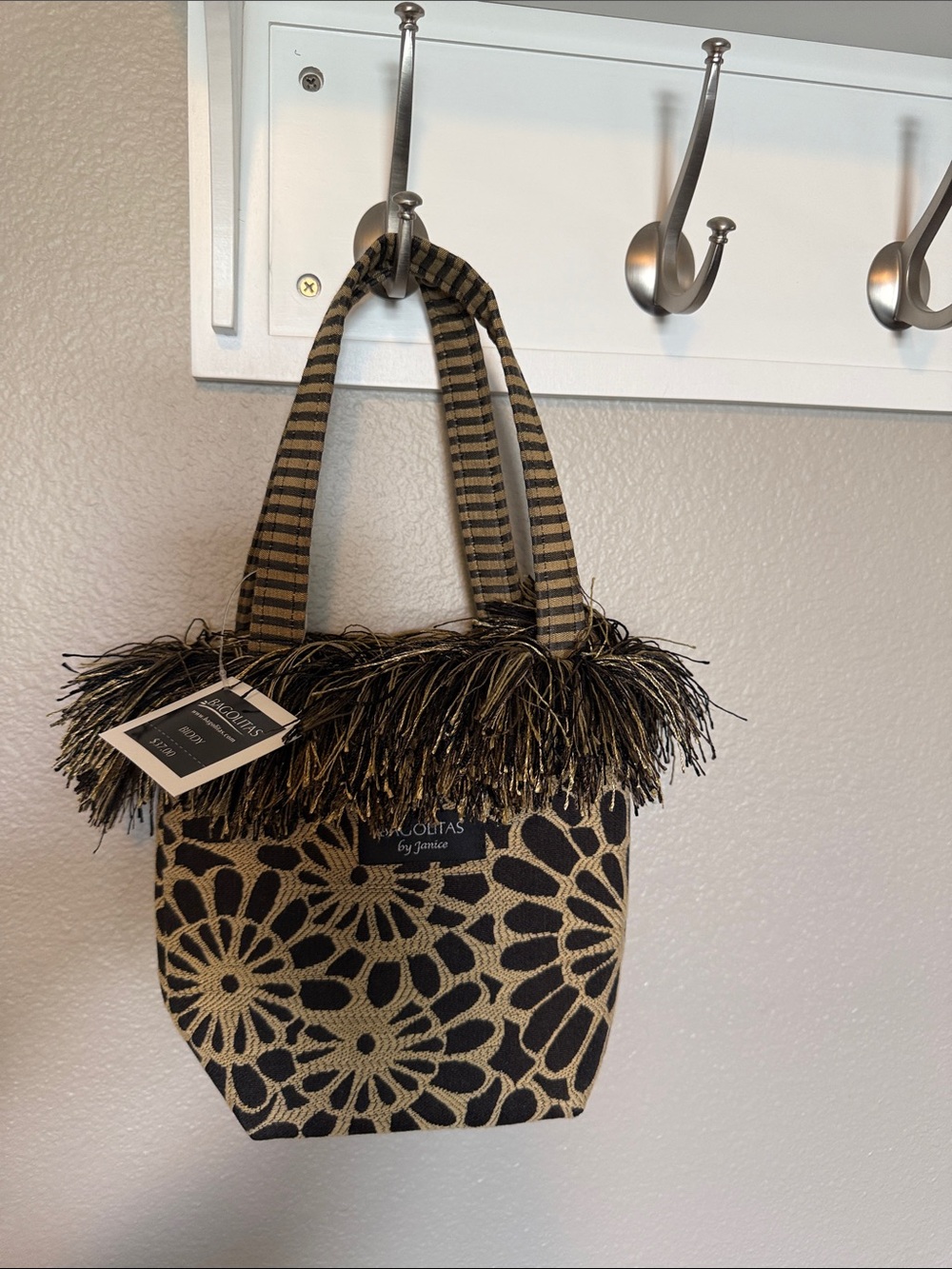 Black & Gold Floral Fringe Tote